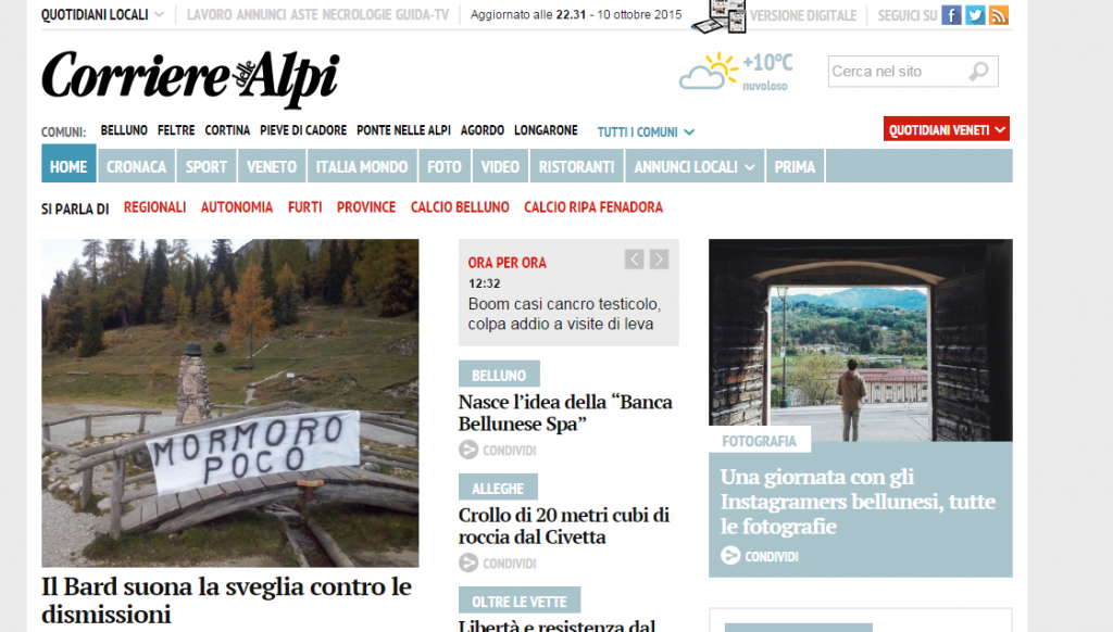 Instameet Belluno sulla homepage del Corriere delle Alpi